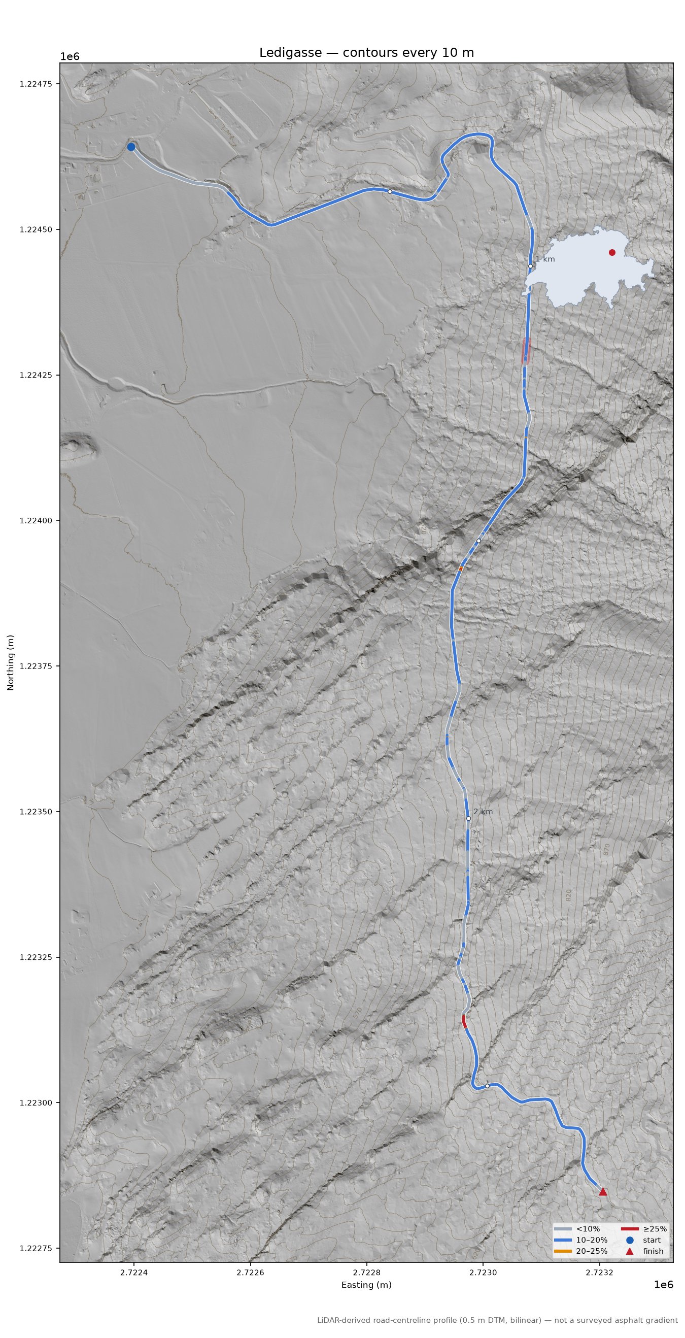 Ledigasse LiDAR hillshade map with contours