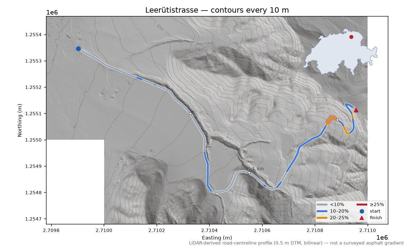 Leerütistrasse LiDAR hillshade map with contours