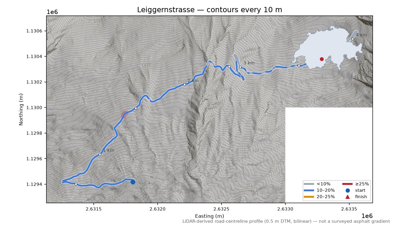 Leiggernstrasse LiDAR hillshade map with contours