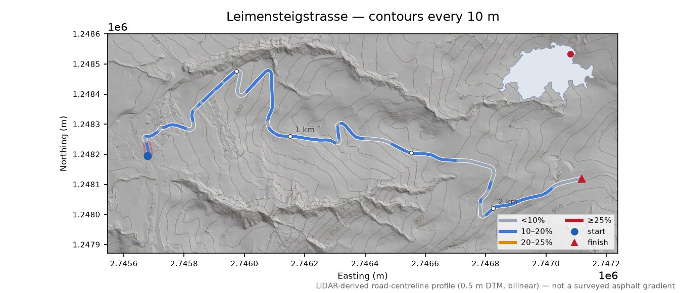 Leimensteigstrasse LiDAR hillshade map with contours