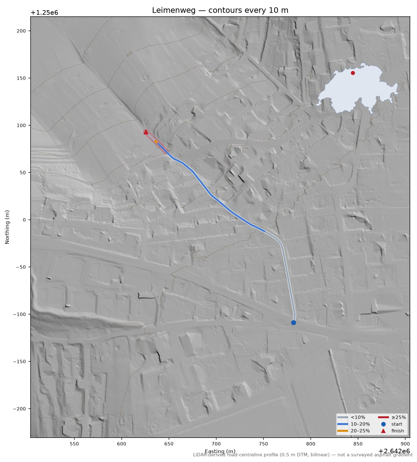 Leimenweg LiDAR hillshade map with contours