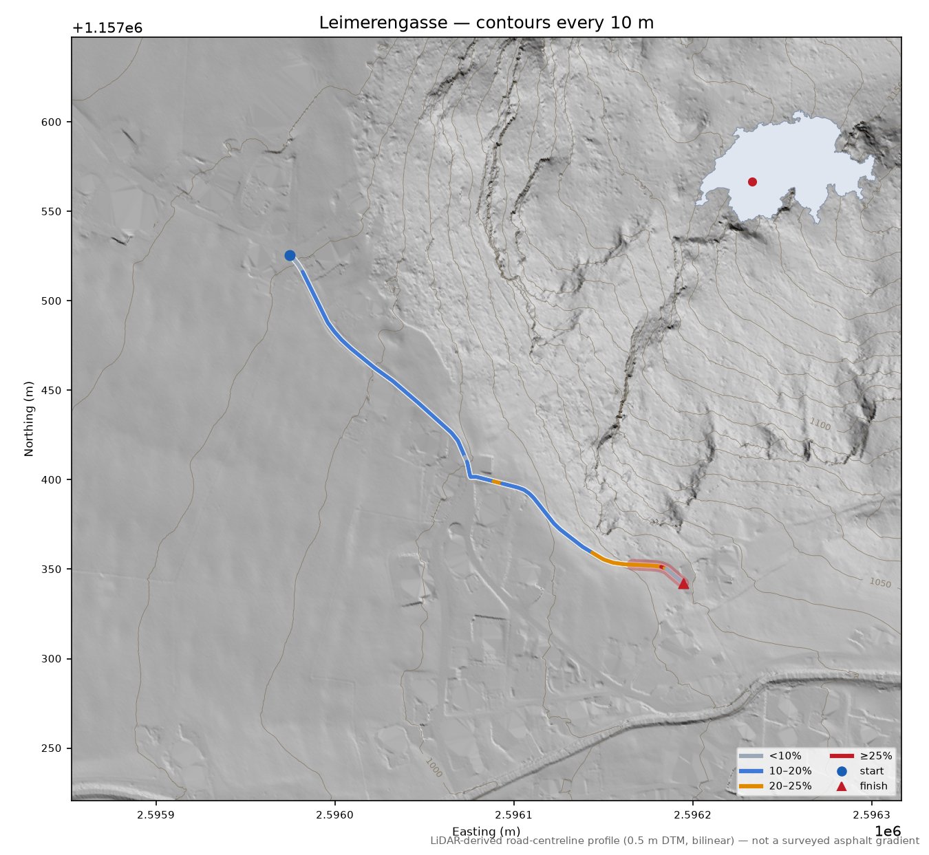Leimerengasse LiDAR hillshade map with contours