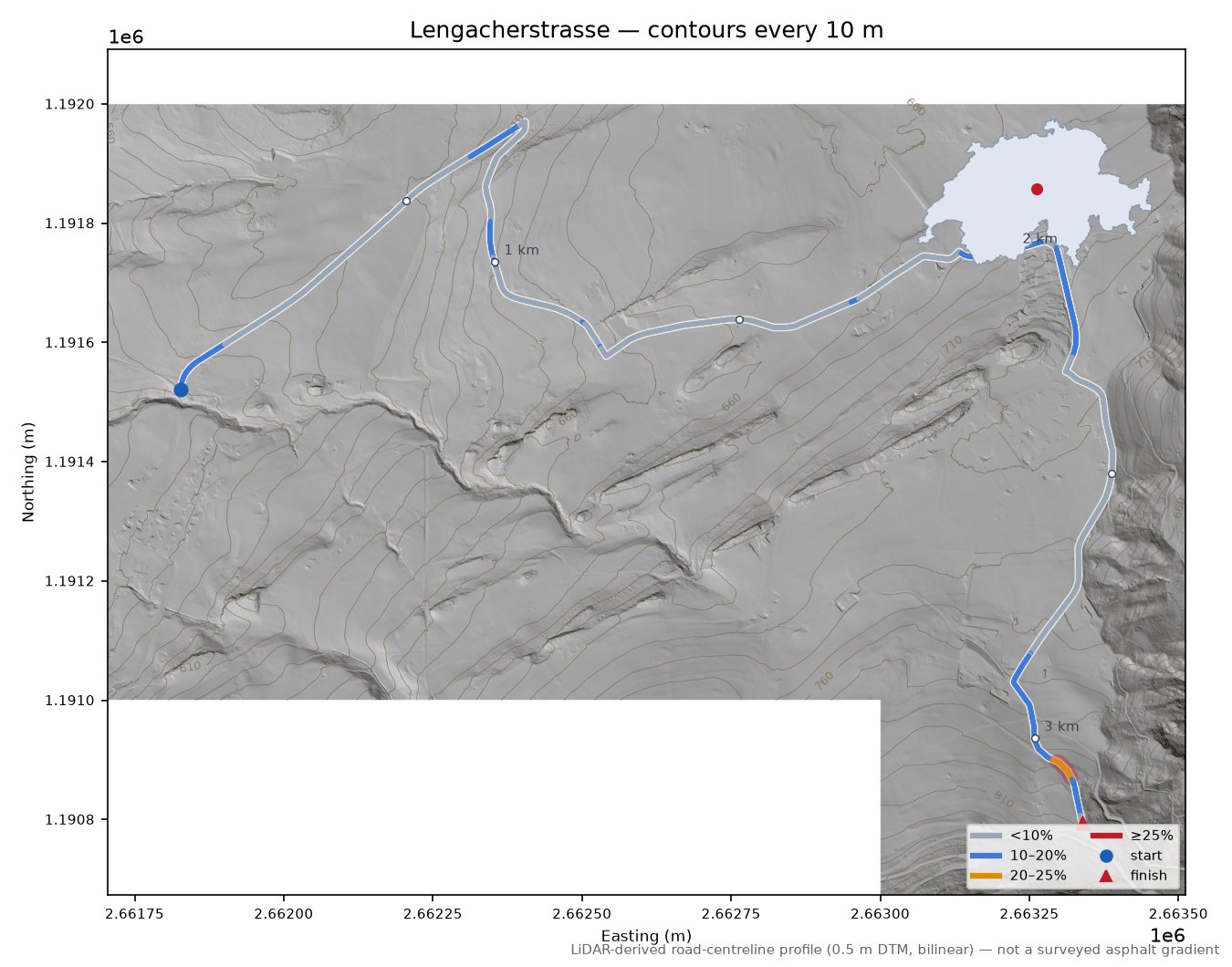 Lengacherstrasse LiDAR hillshade map with contours