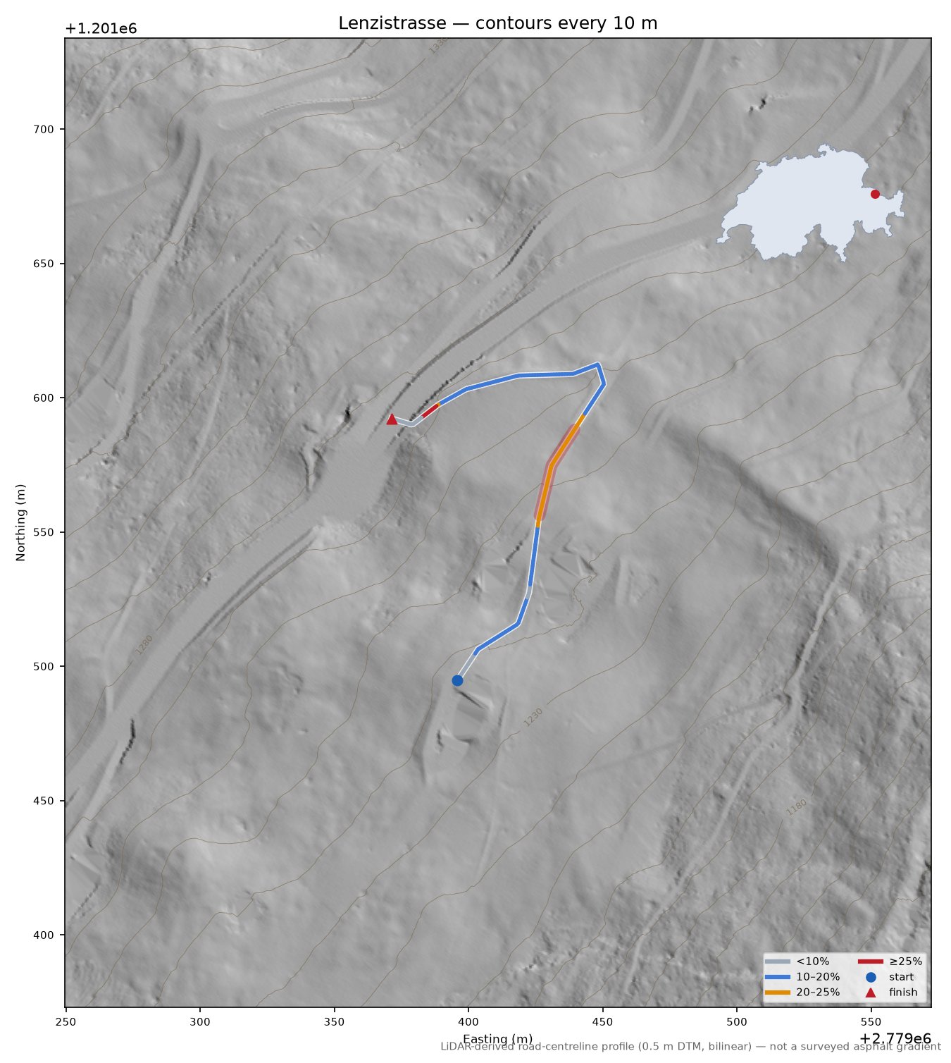 Lenzistrasse LiDAR hillshade map with contours