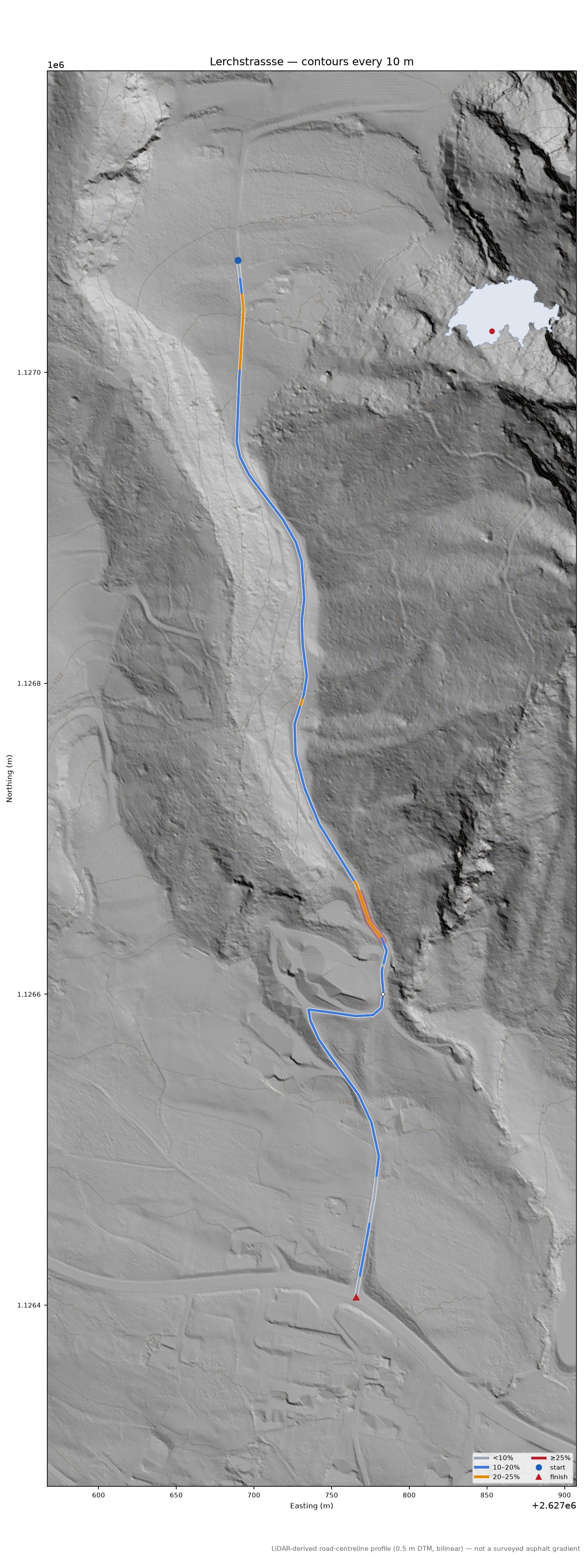 Lerchstrassse LiDAR hillshade map with contours