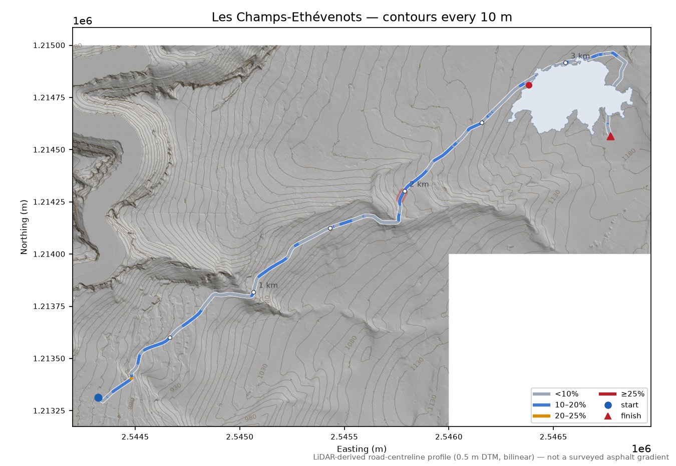 Les Champs-Ethévenots LiDAR hillshade map with contours
