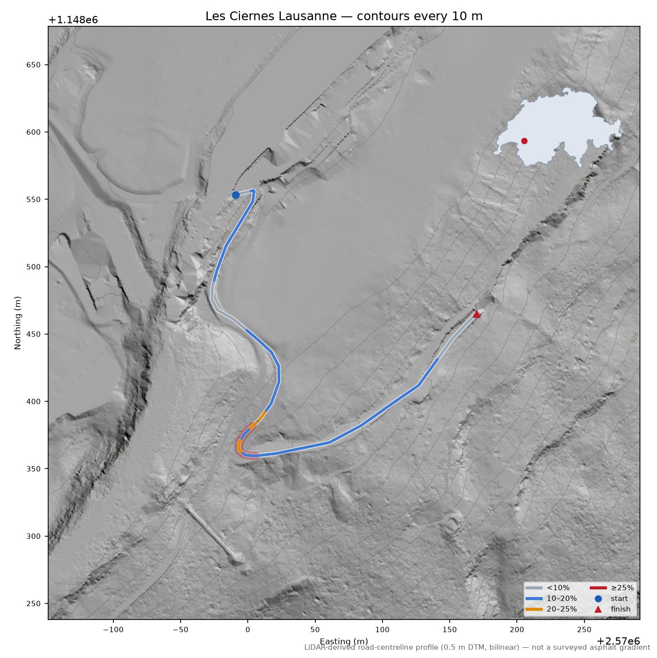 Les Ciernes Lausanne LiDAR hillshade map with contours