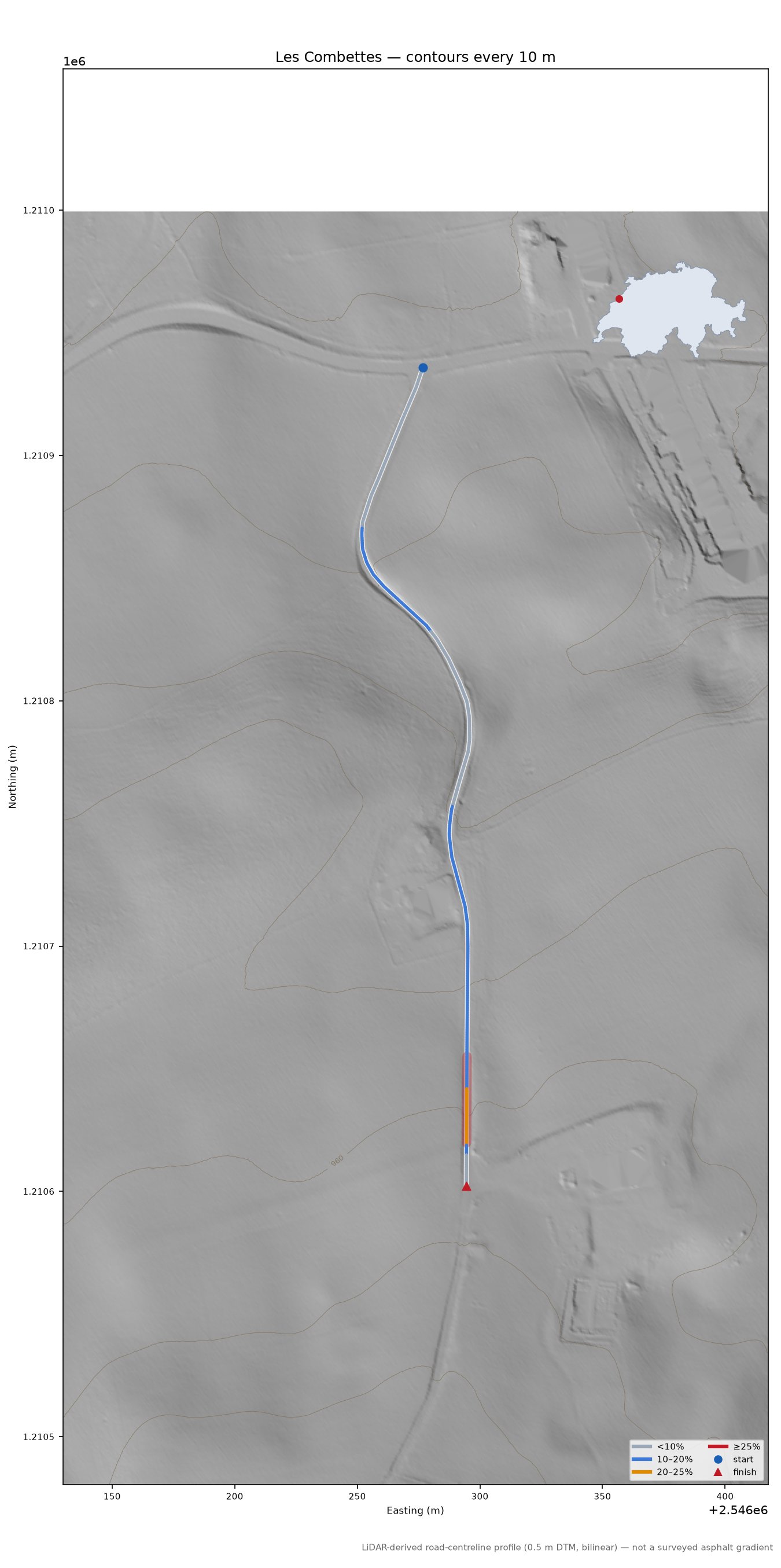 Les Combettes LiDAR hillshade map with contours
