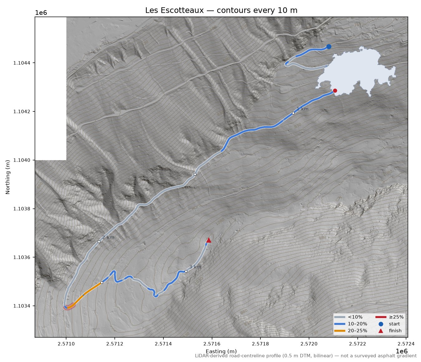 Les Escotteaux LiDAR hillshade map with contours