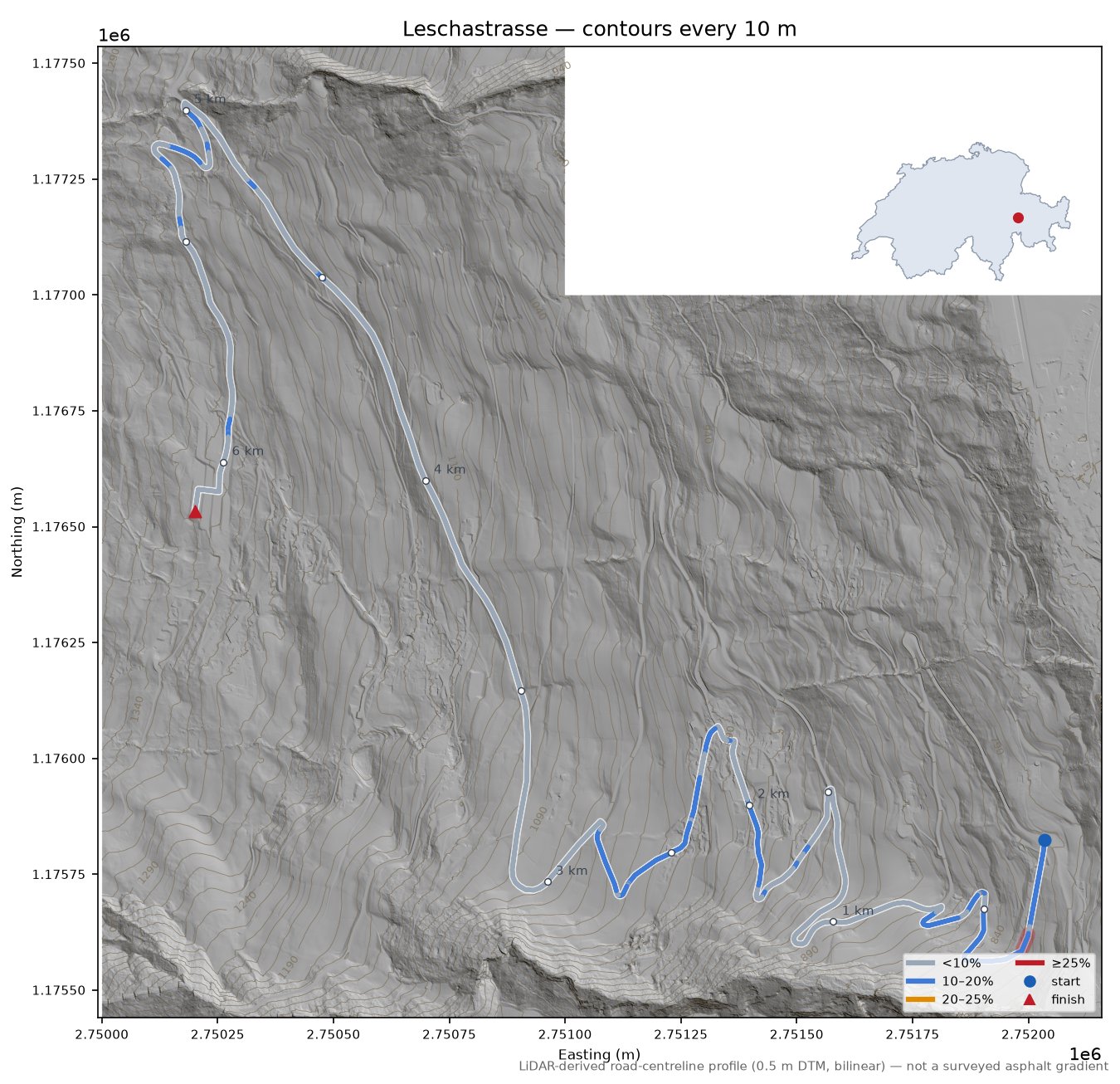 Leschastrasse LiDAR hillshade map with contours