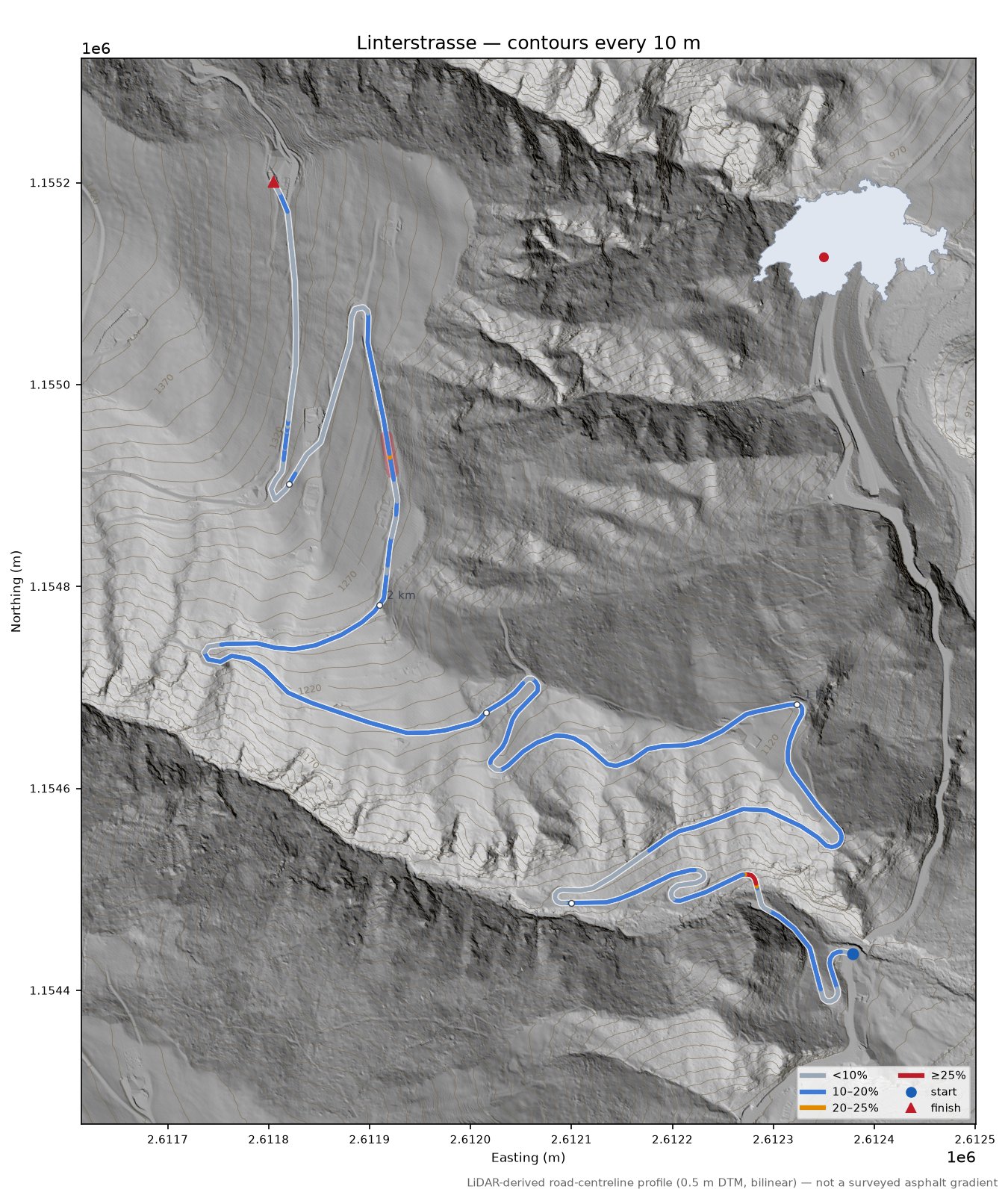 Linterstrasse LiDAR hillshade map with contours