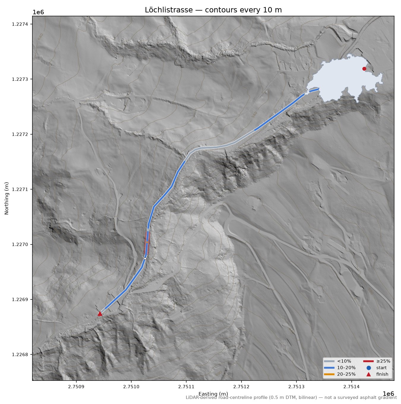 Löchlistrasse LiDAR hillshade map with contours