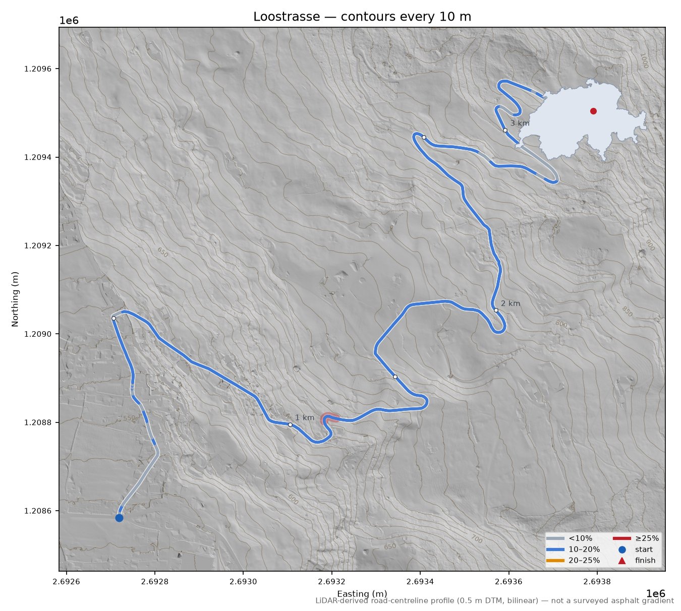 Loostrasse LiDAR hillshade map with contours
