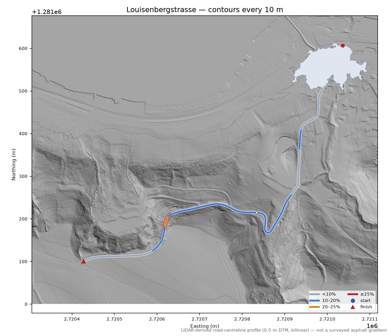 Louisenbergstrasse LiDAR hillshade map with contours