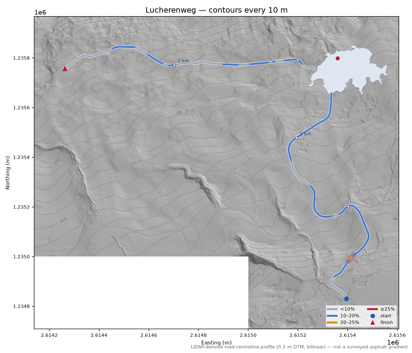 Lucherenweg LiDAR hillshade map with contours