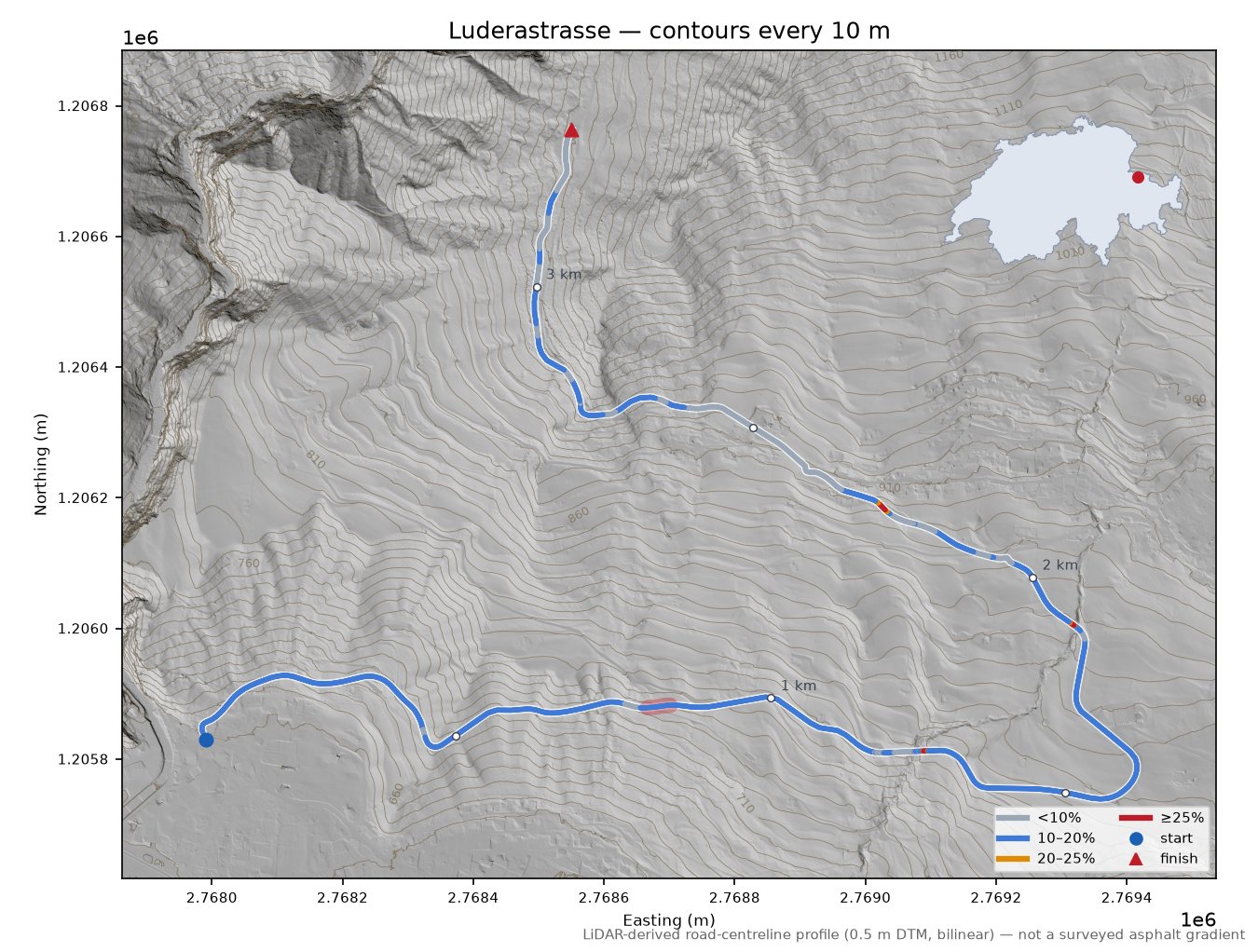 Luderastrasse LiDAR hillshade map with contours