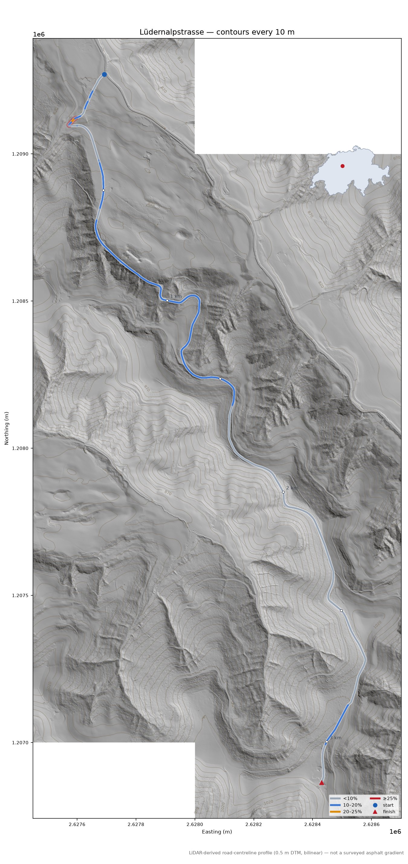 Lüdernalpstrasse LiDAR hillshade map with contours