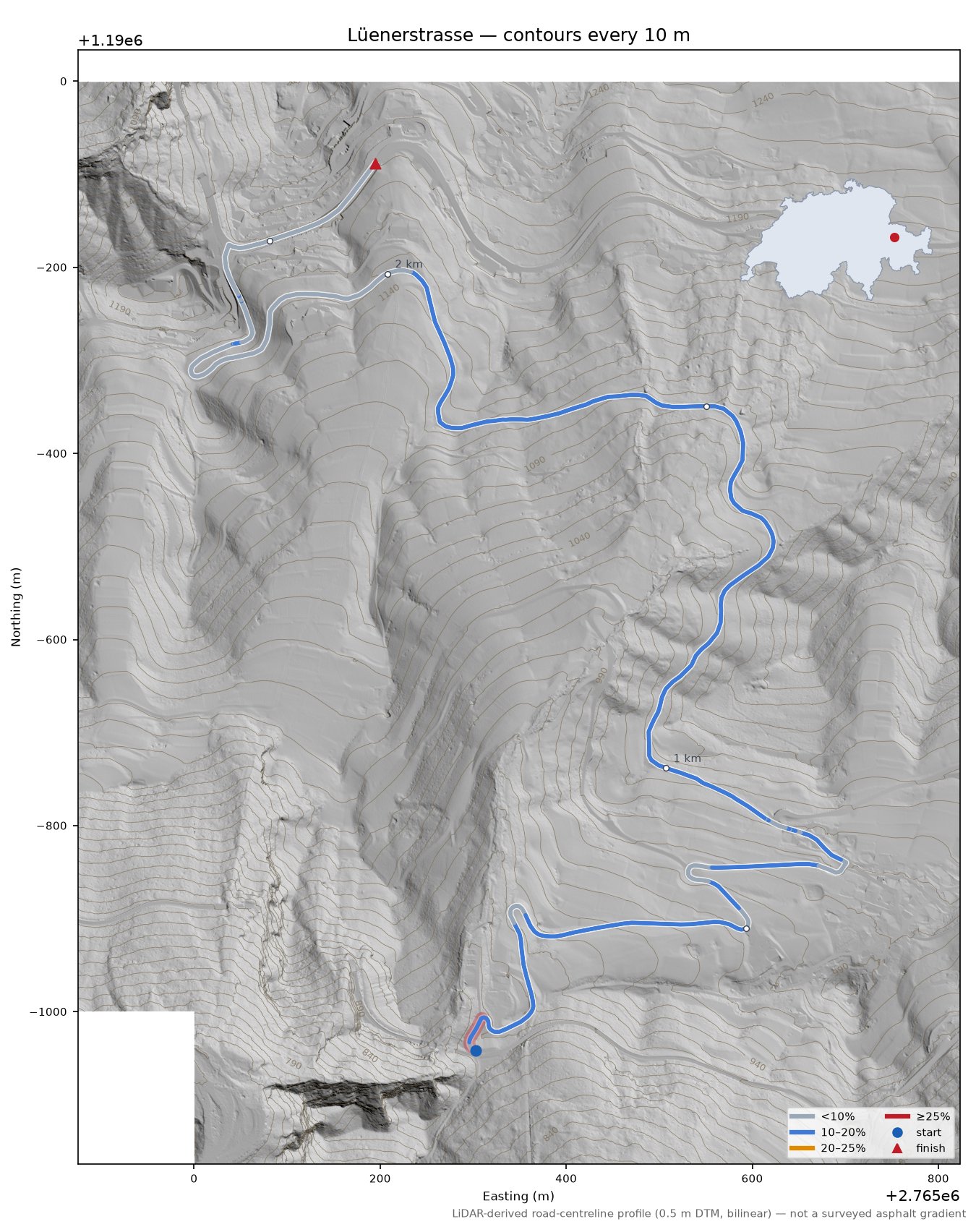 Lüenerstrasse LiDAR hillshade map with contours