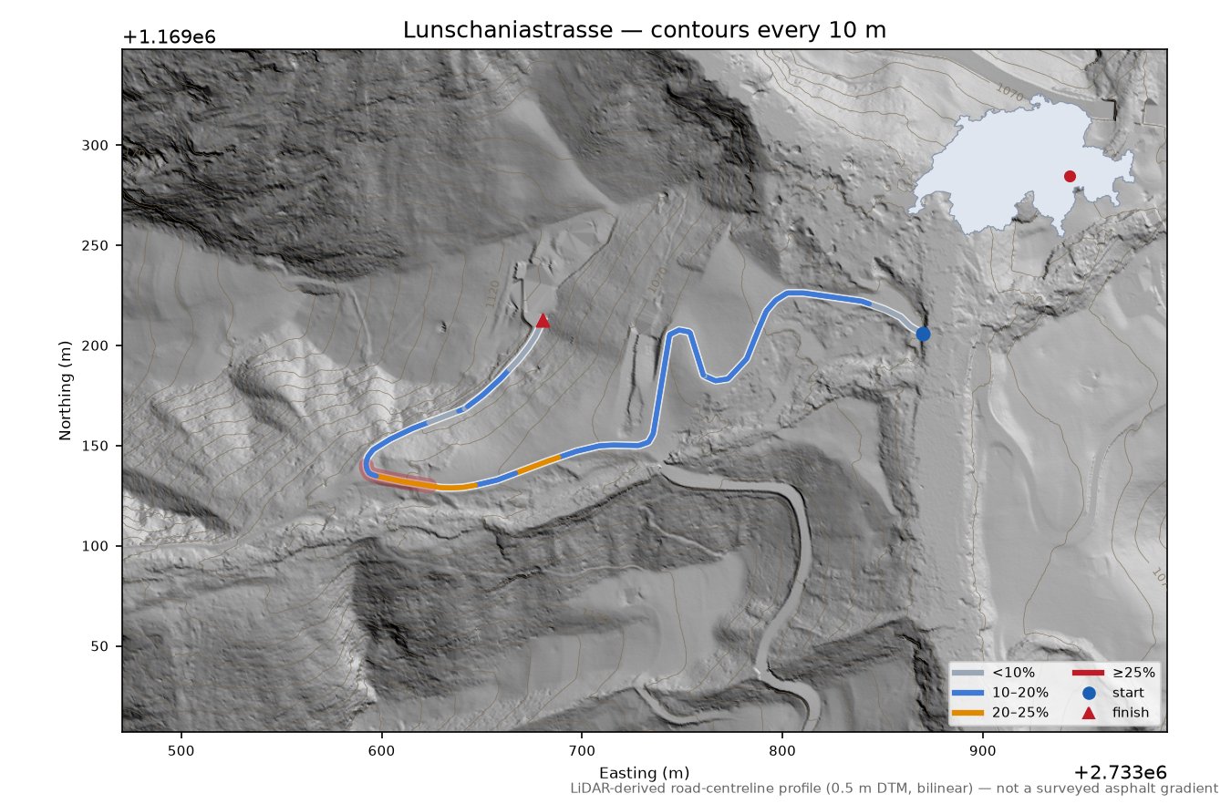 Lunschaniastrasse LiDAR hillshade map with contours