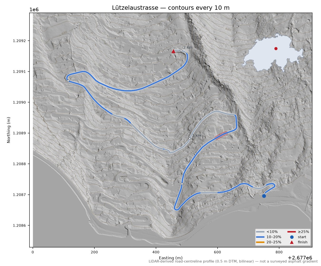 Lützelaustrasse LiDAR hillshade map with contours