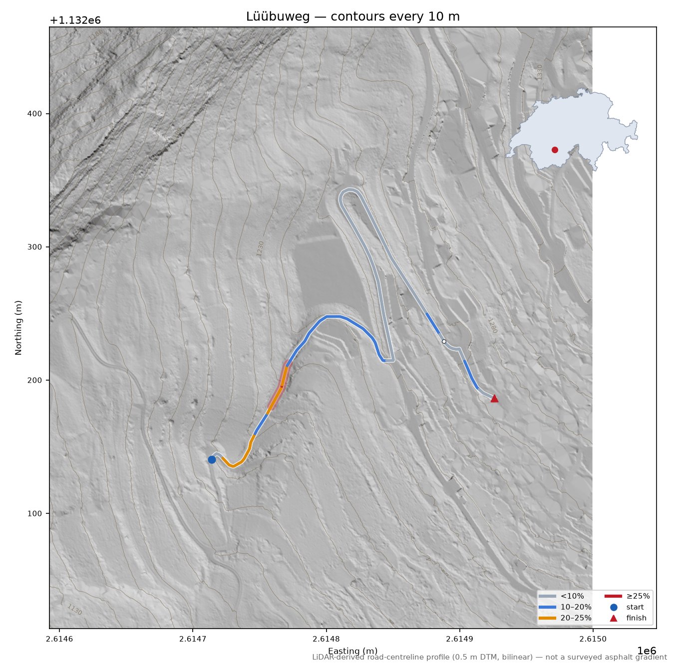 Lüübuweg LiDAR hillshade map with contours