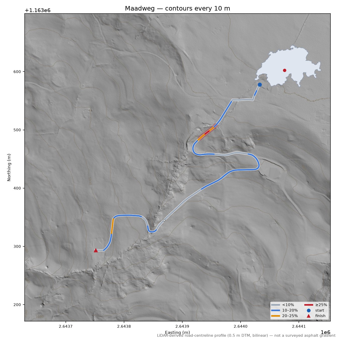 Maadweg LiDAR hillshade map with contours
