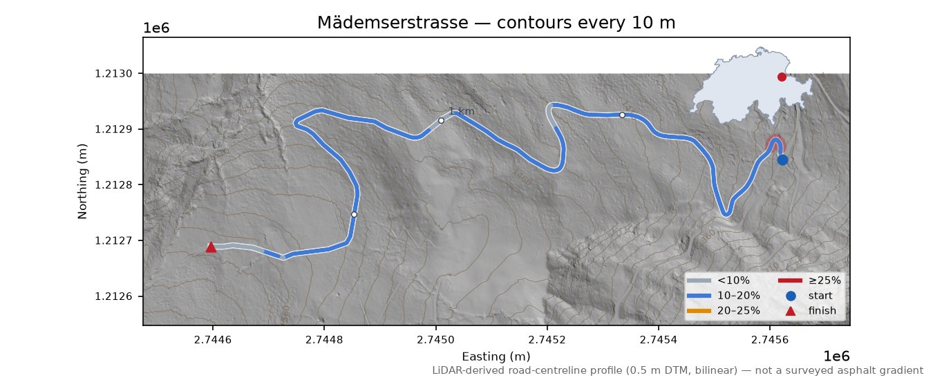 Mädemserstrasse LiDAR hillshade map with contours