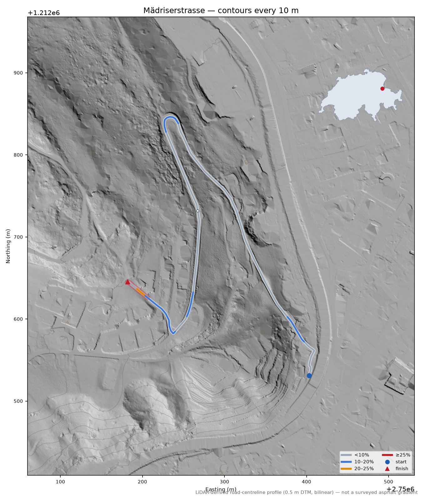 Mädriserstrasse LiDAR hillshade map with contours