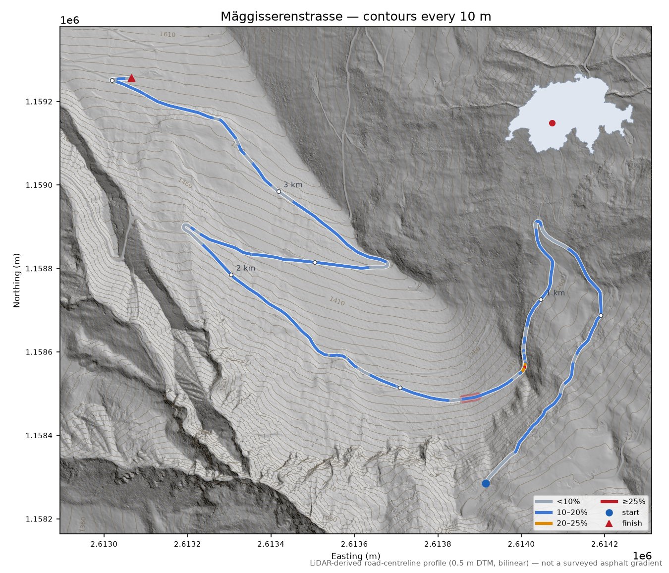 Mäggisserenstrasse LiDAR hillshade map with contours