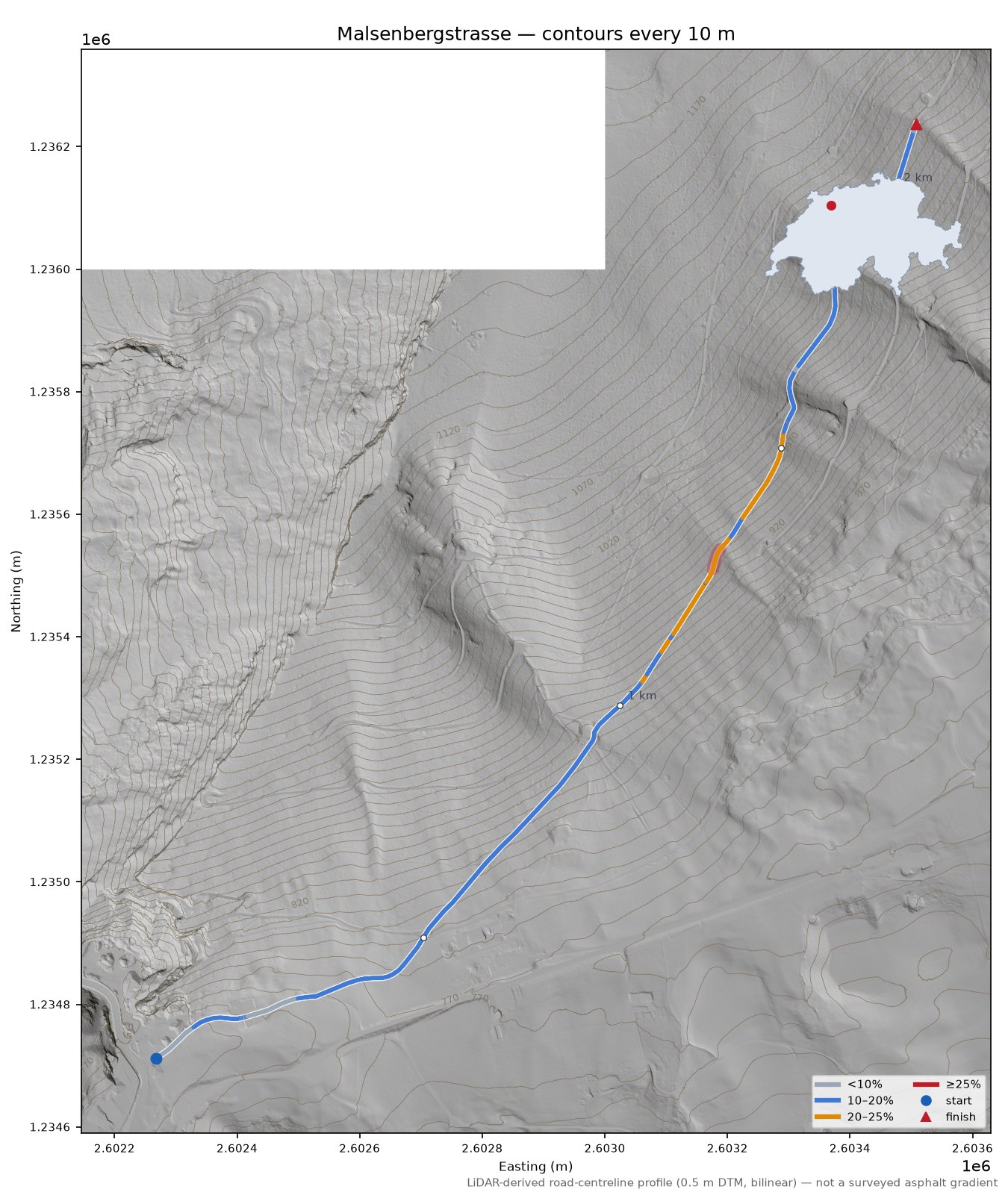 Malsenbergstrasse LiDAR hillshade map with contours
