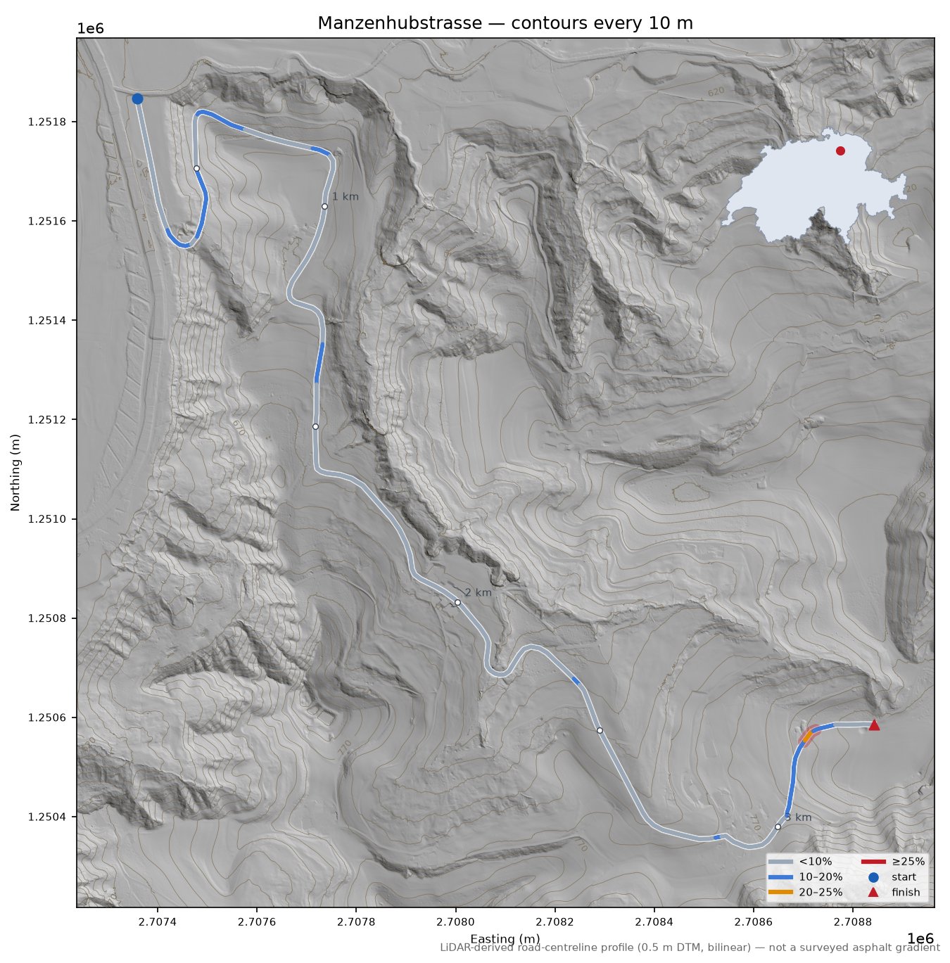 Manzenhubstrasse LiDAR hillshade map with contours