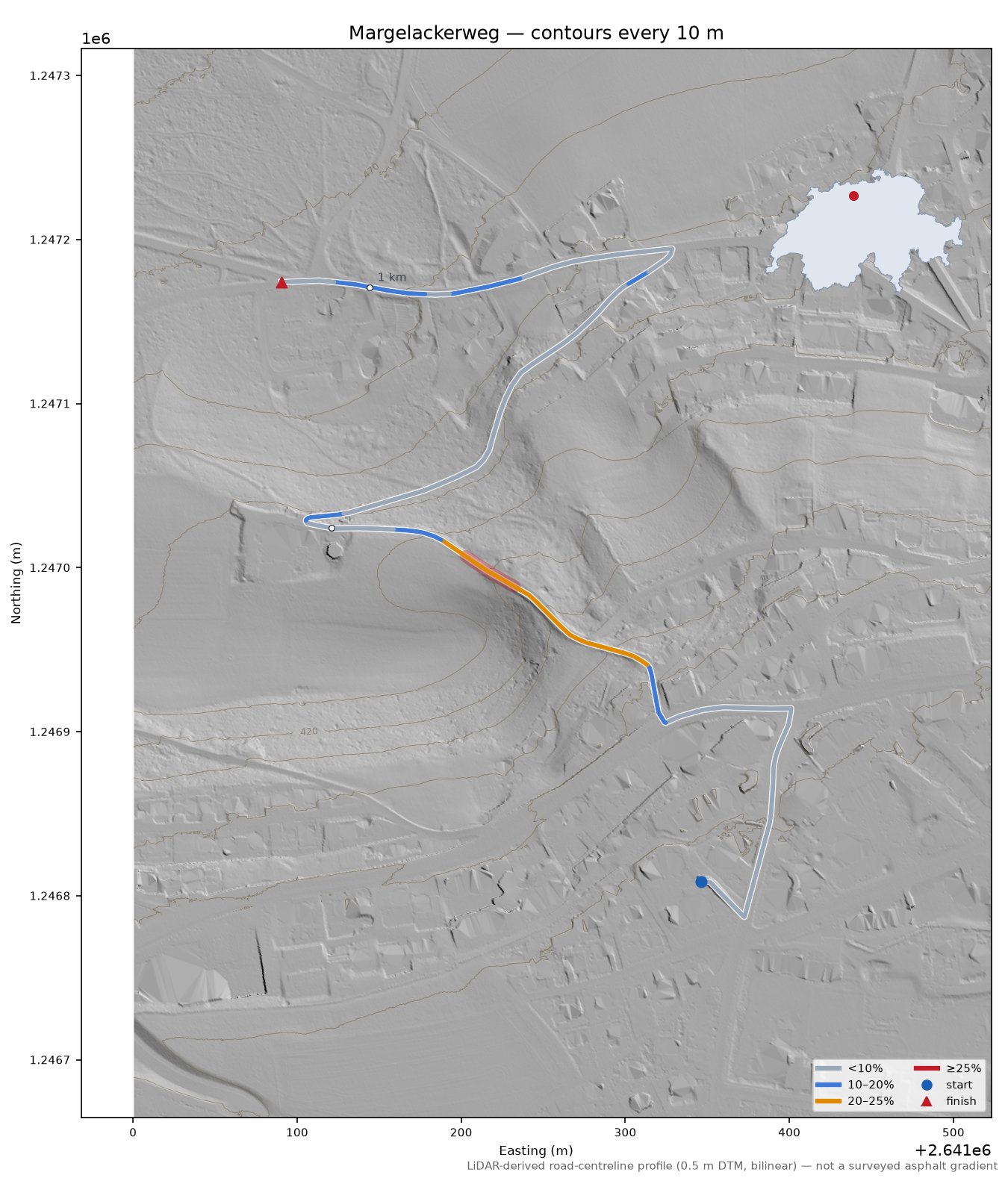 Margelackerweg LiDAR hillshade map with contours