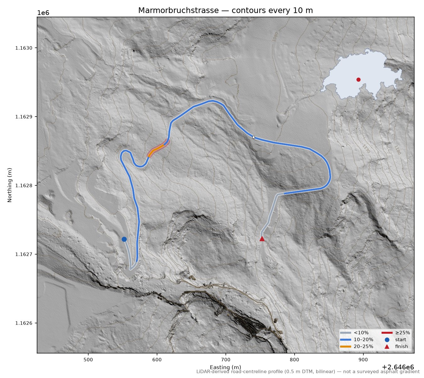 Marmorbruchstrasse LiDAR hillshade map with contours