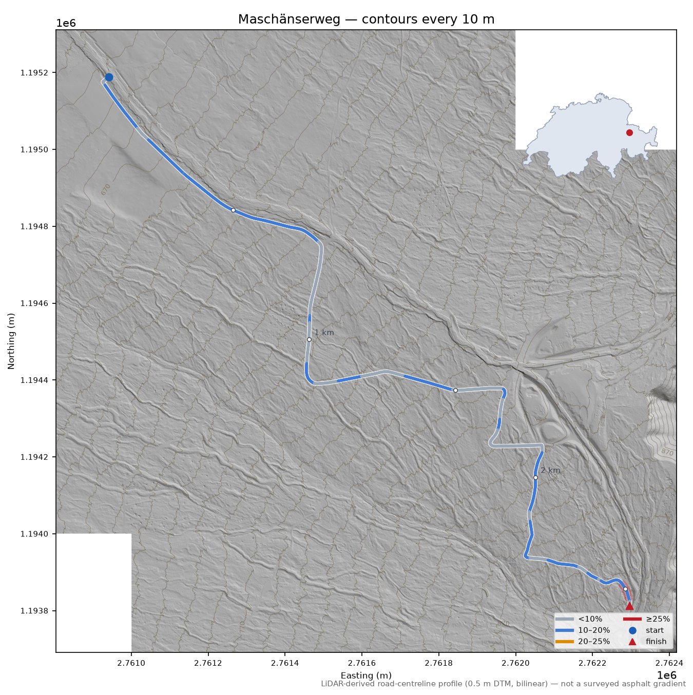 Maschänserweg LiDAR hillshade map with contours