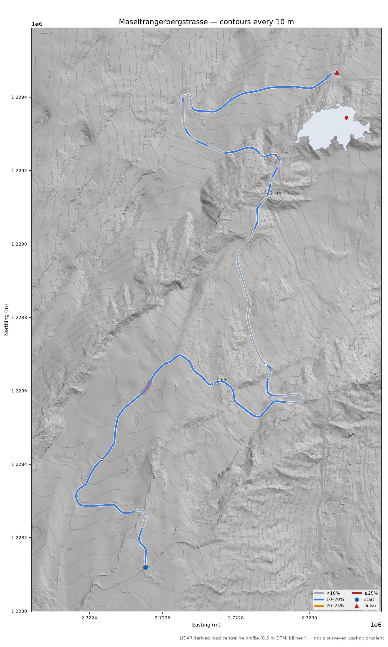 Maseltrangerbergstrasse LiDAR hillshade map with contours