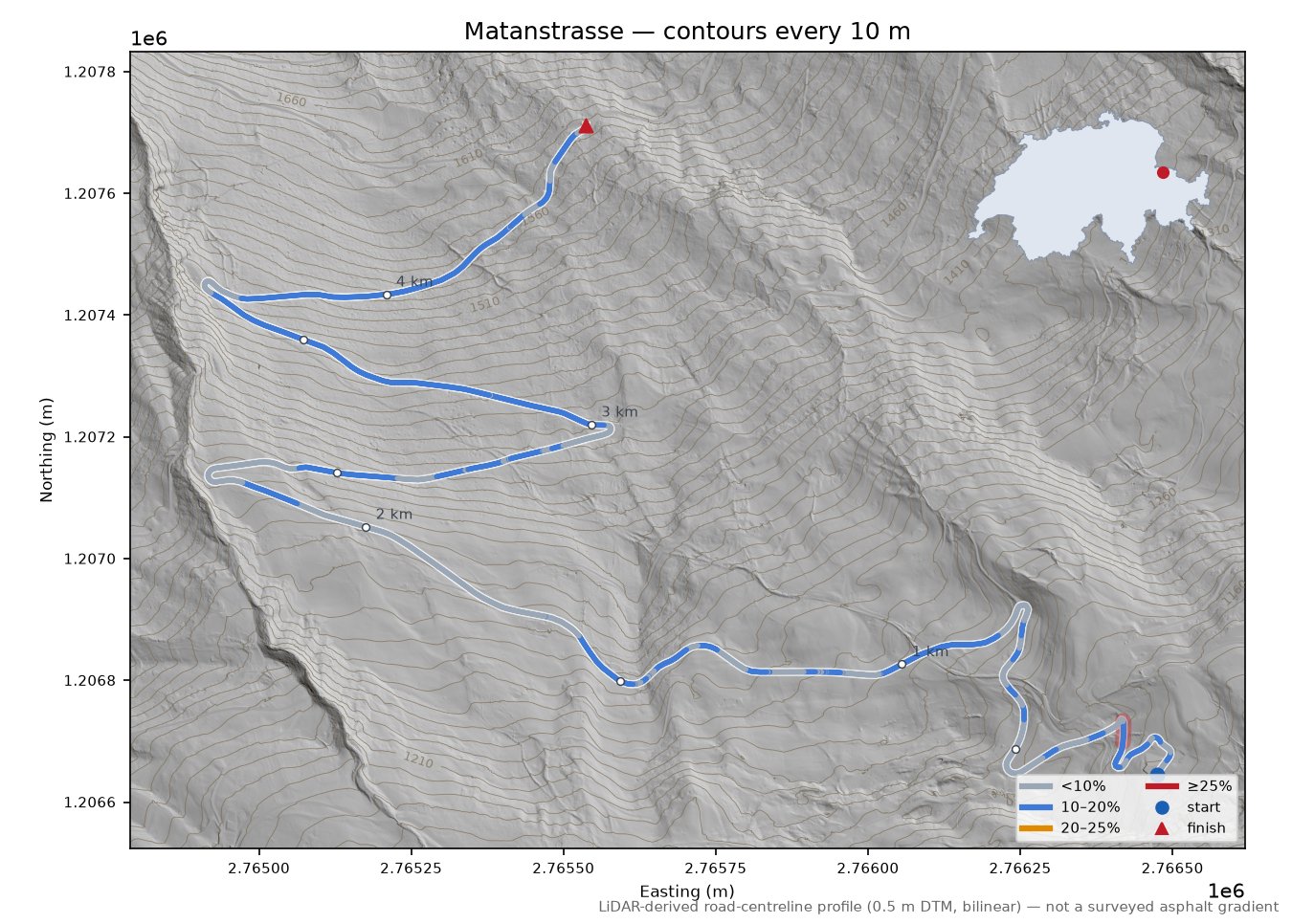 Matanstrasse LiDAR hillshade map with contours