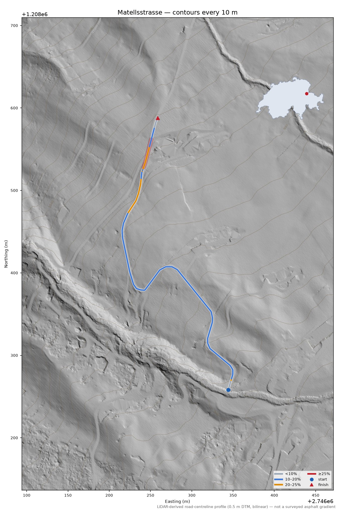 Matellsstrasse LiDAR hillshade map with contours