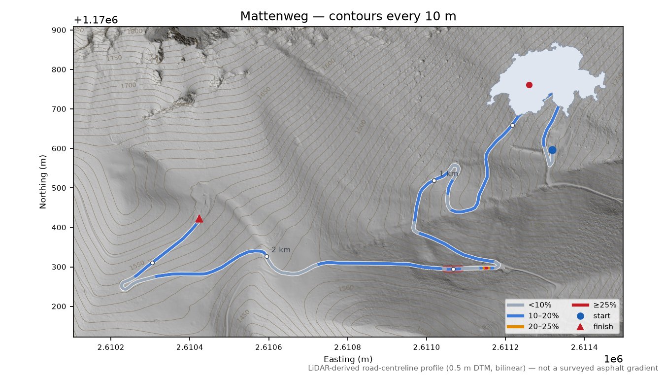 Mattenweg LiDAR hillshade map with contours