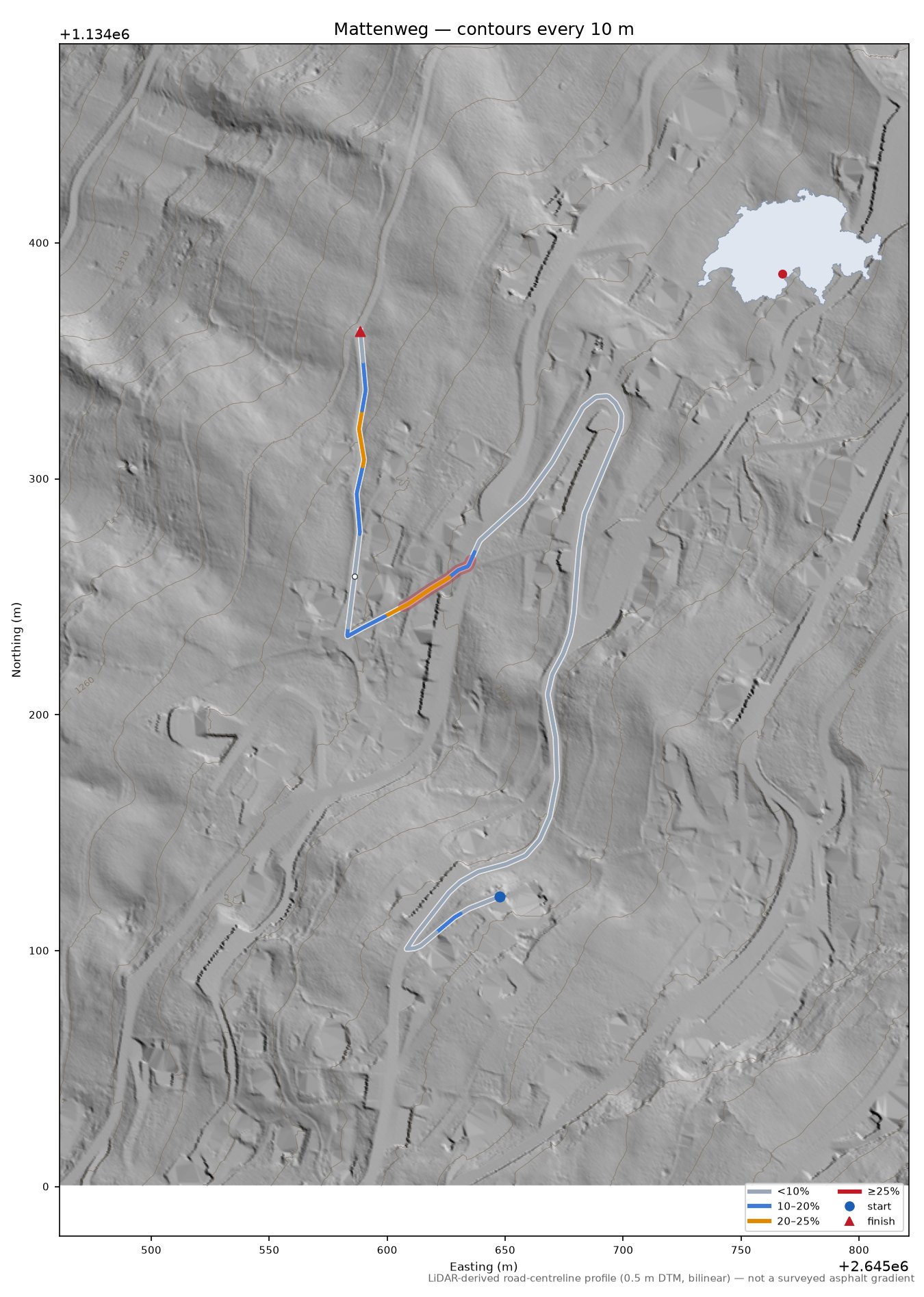 Mattenweg LiDAR hillshade map with contours