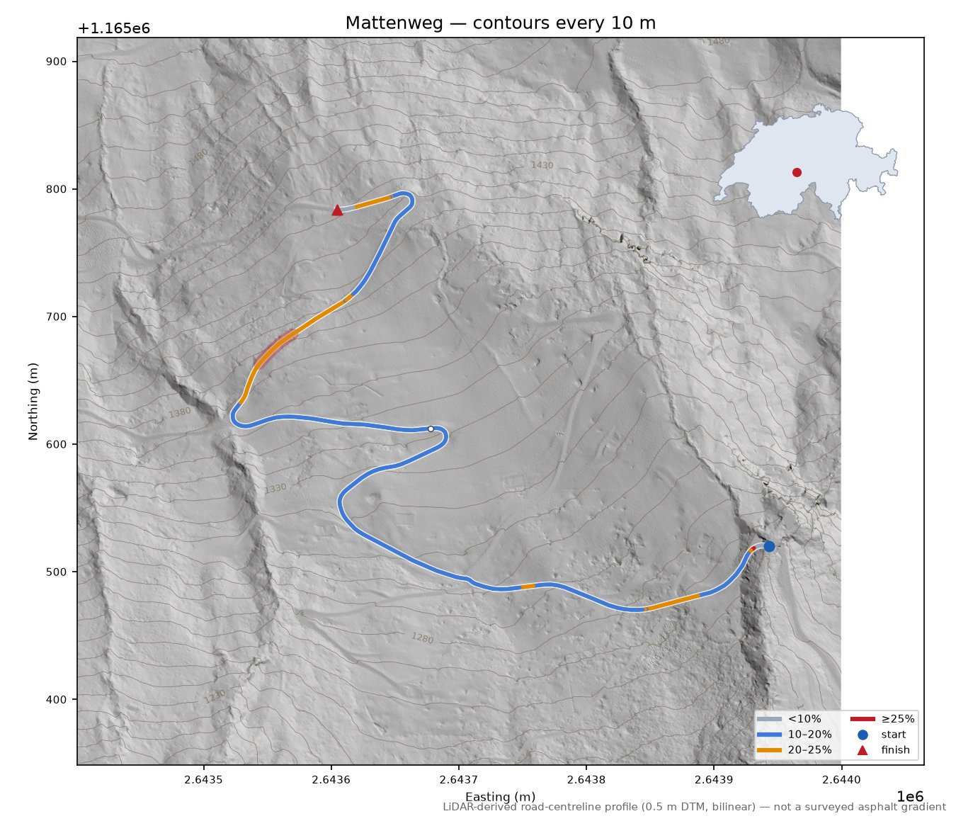 Mattenweg LiDAR hillshade map with contours