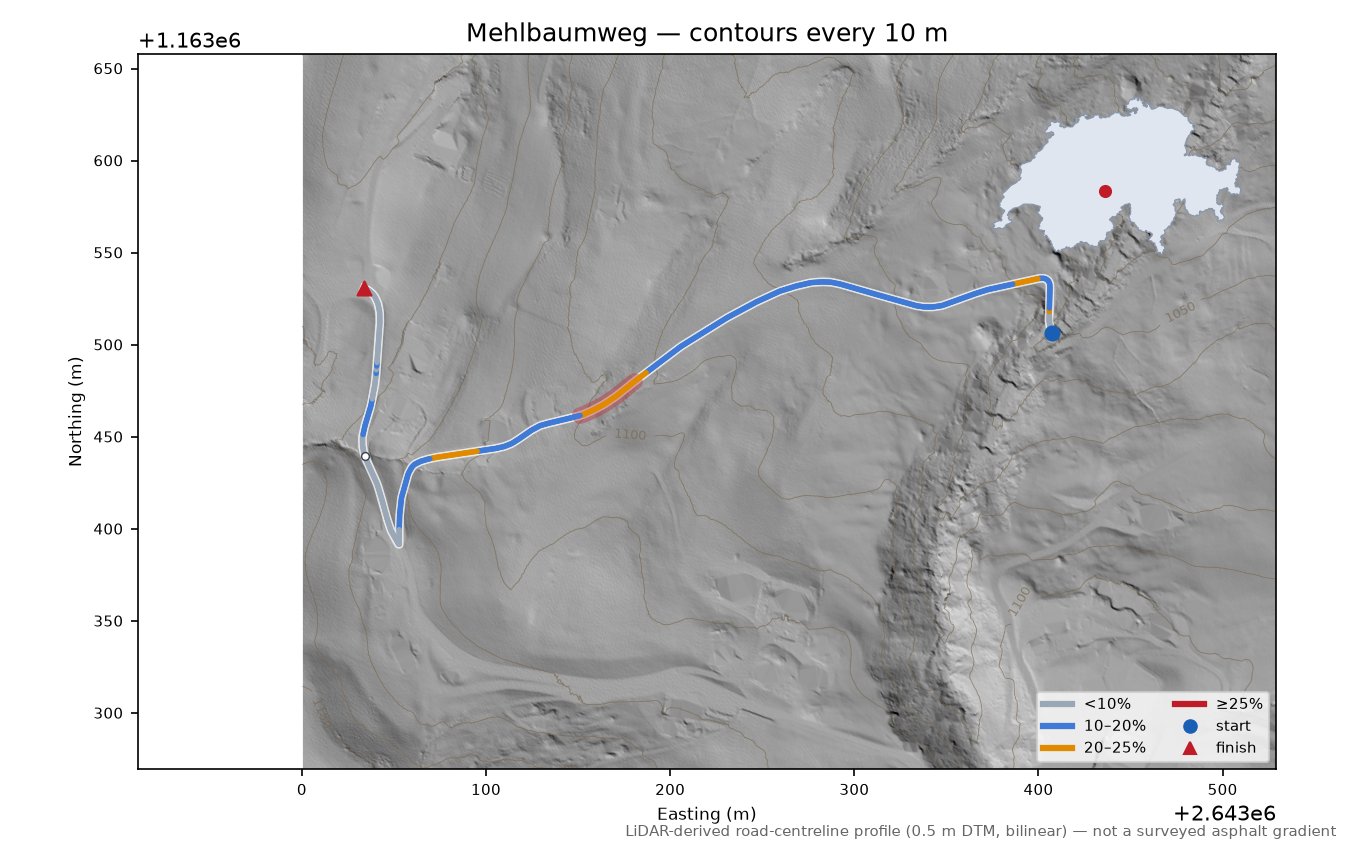 Mehlbaumweg LiDAR hillshade map with contours