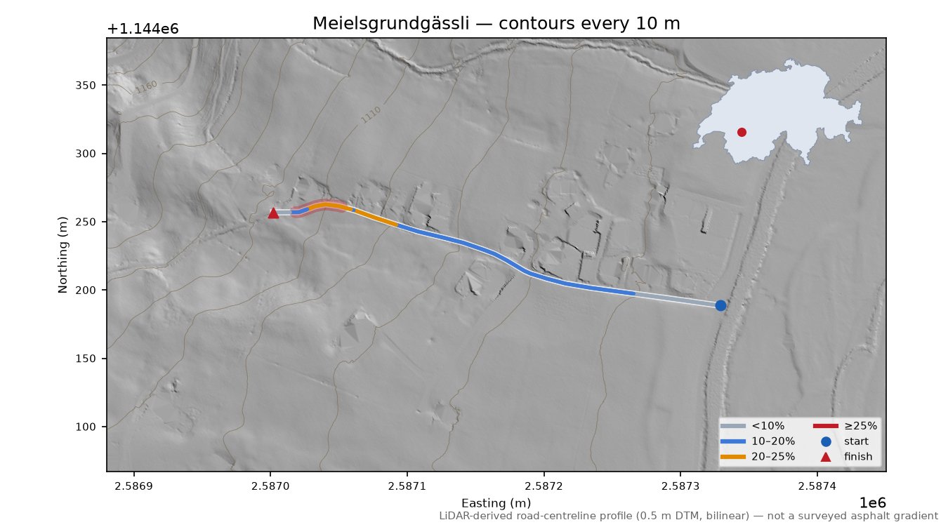 Meielsgrundgässli LiDAR hillshade map with contours
