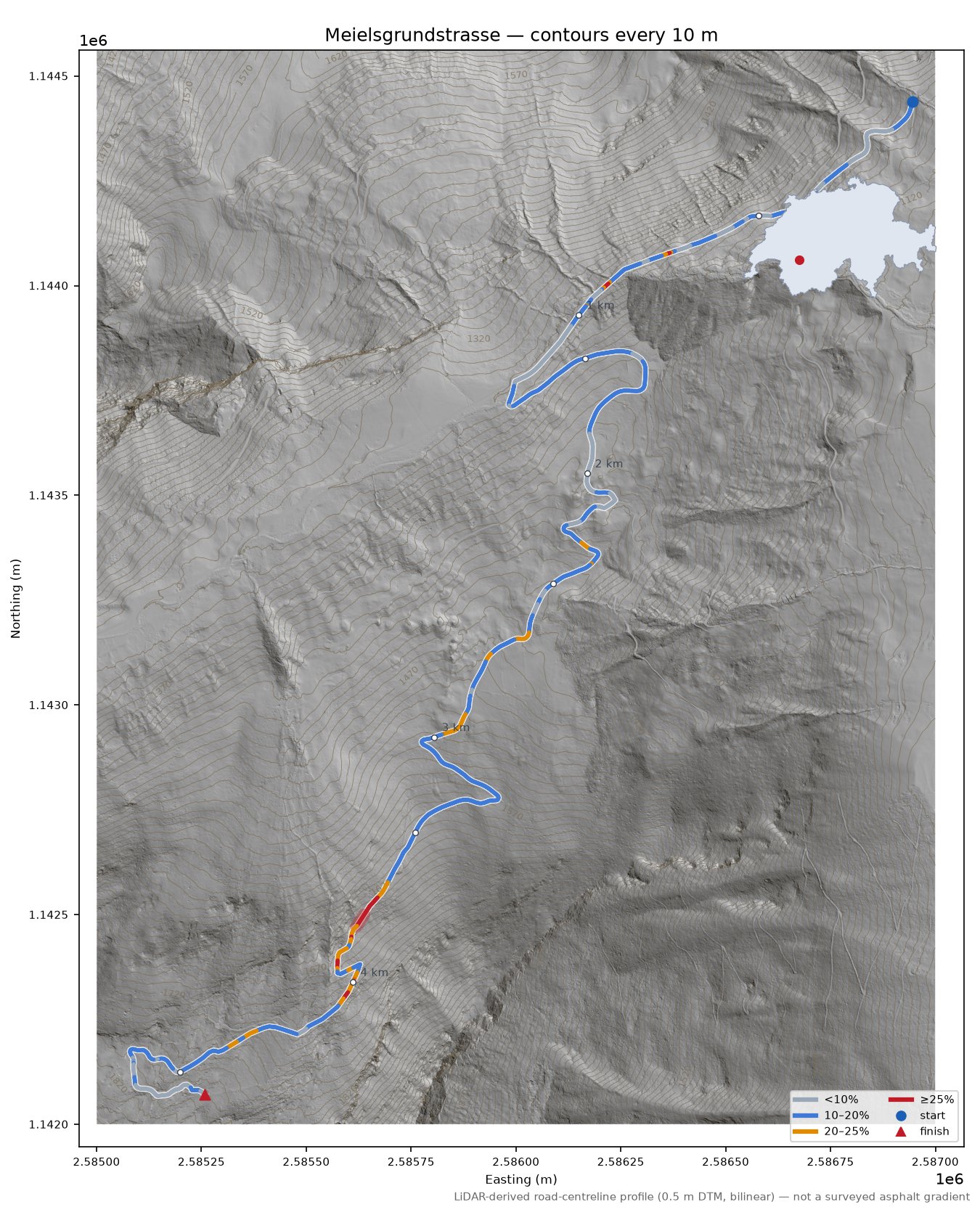 Meielsgrundstrasse LiDAR hillshade map with contours