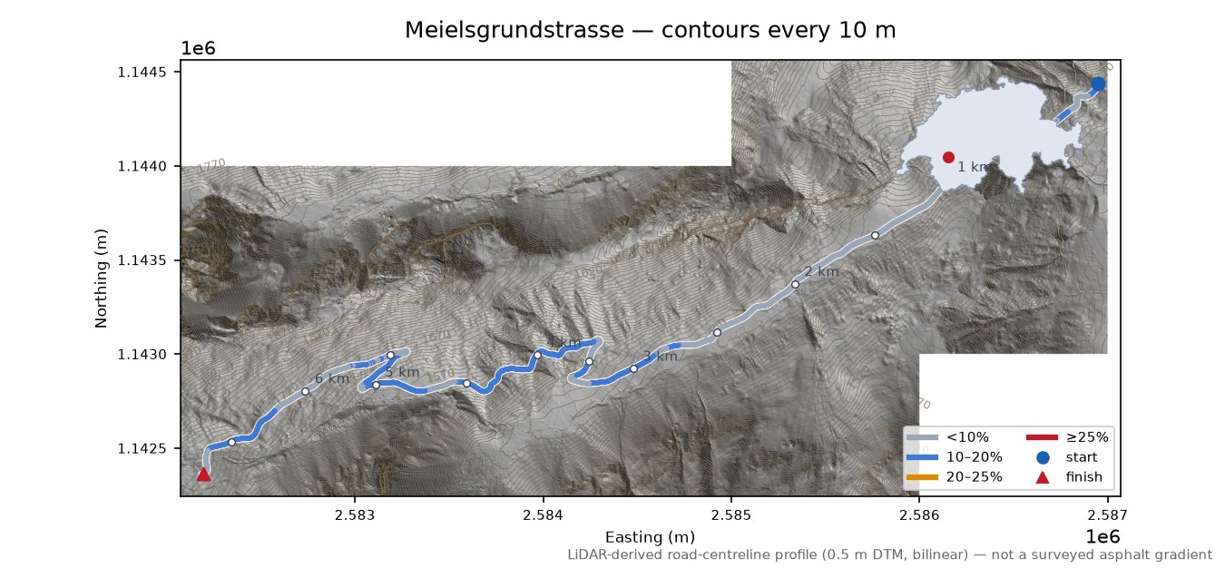 Meielsgrundstrasse LiDAR hillshade map with contours