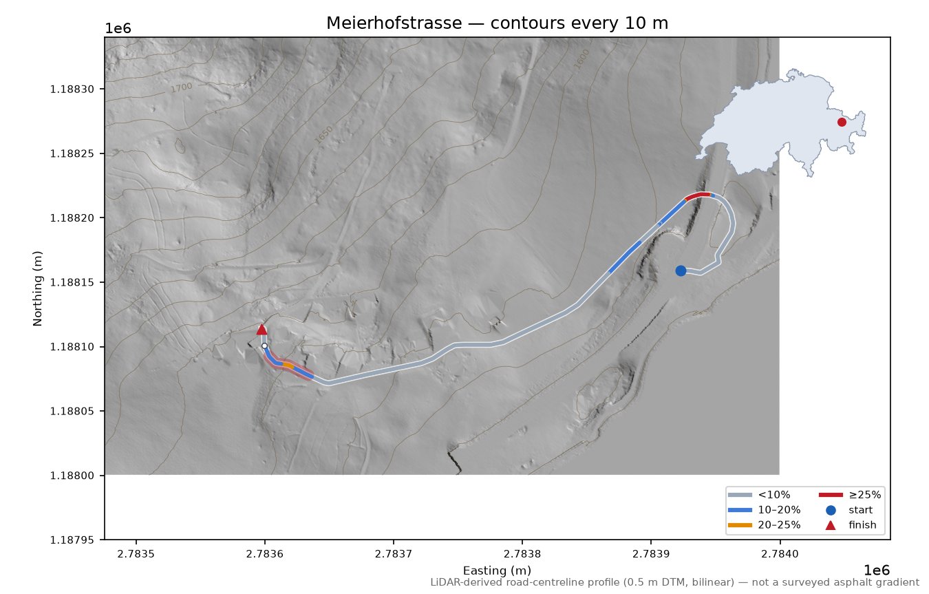 Meierhofstrasse LiDAR hillshade map with contours