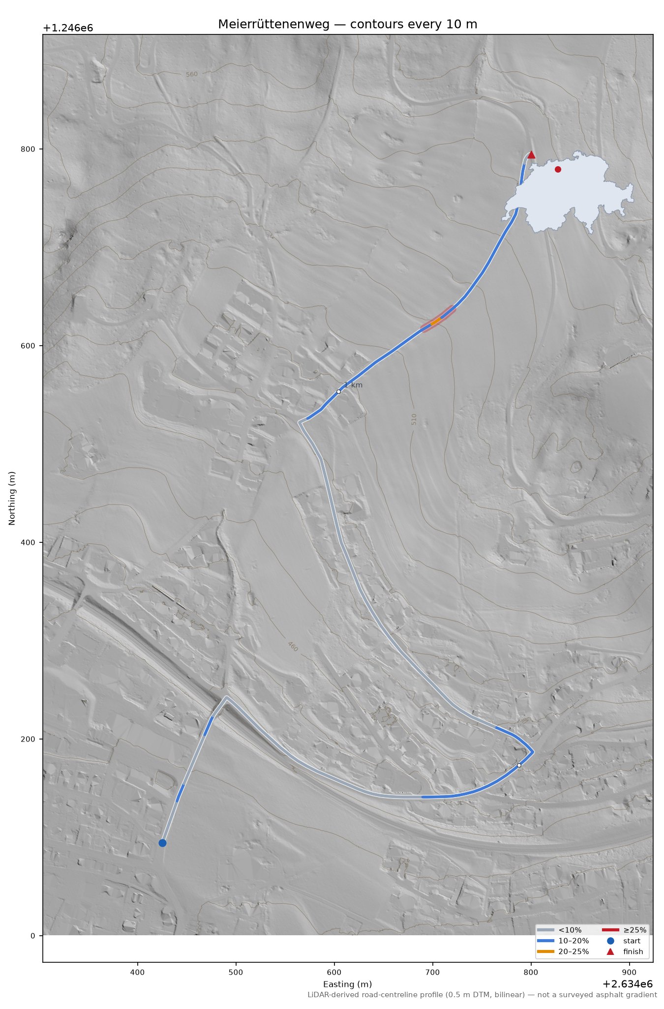 Meierrüttenenweg LiDAR hillshade map with contours
