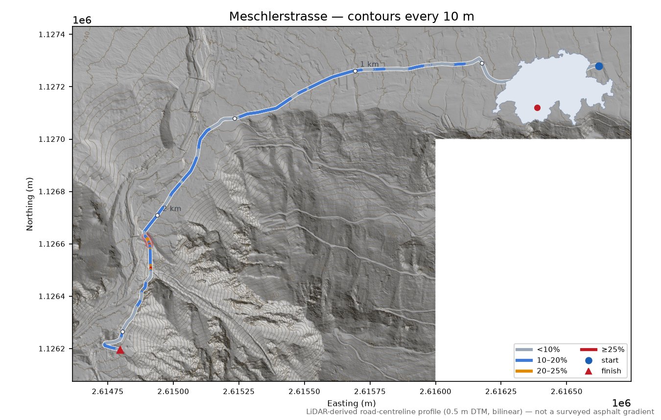 Meschlerstrasse LiDAR hillshade map with contours