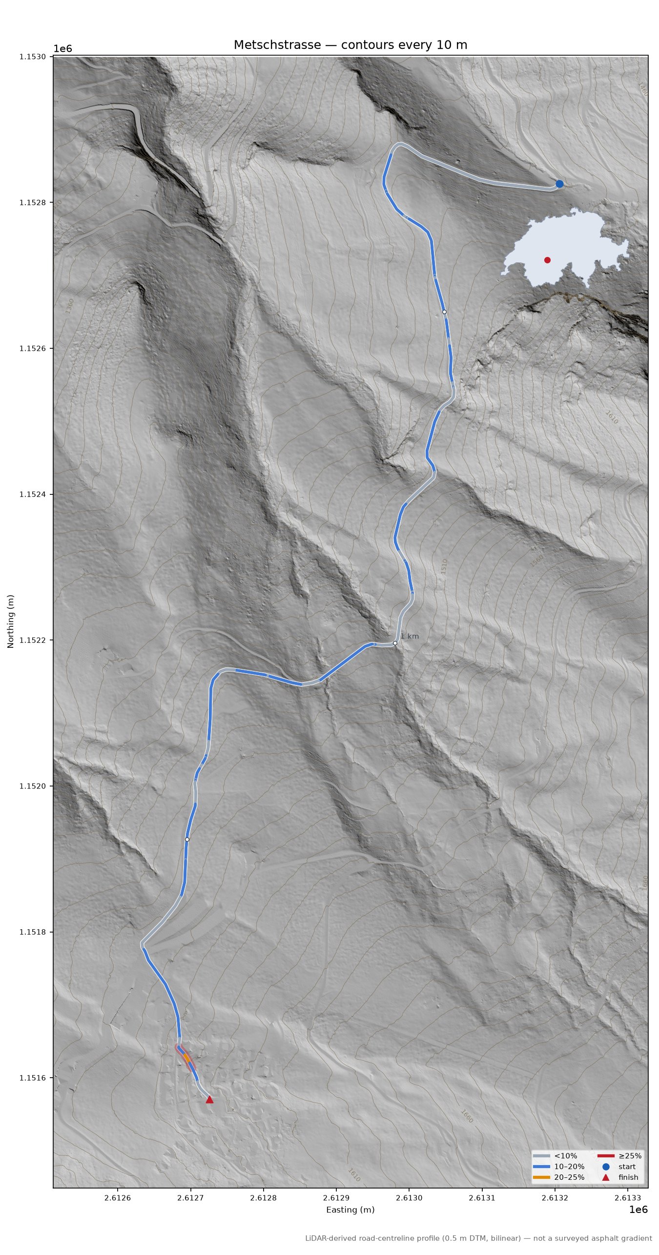 Metschstrasse LiDAR hillshade map with contours
