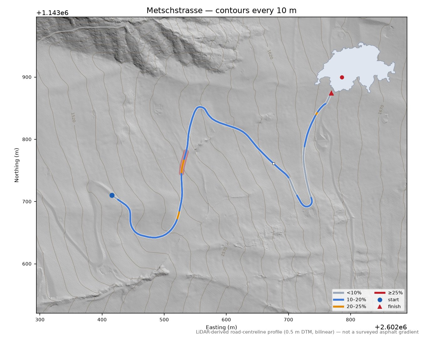 Metschstrasse LiDAR hillshade map with contours