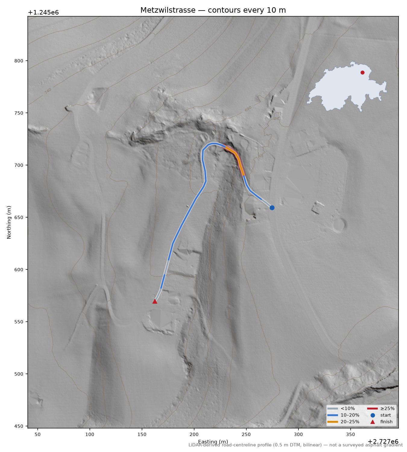 Metzwilstrasse LiDAR hillshade map with contours